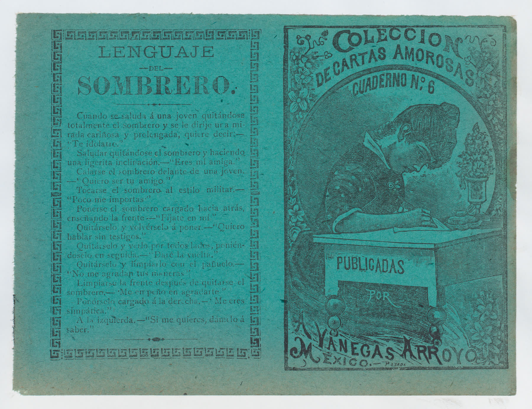 Gravura de José Guadalupe Posada: uma mulher escreve uma carta à mesa, capa de um caderno de cartas, México, cerca de 1900.